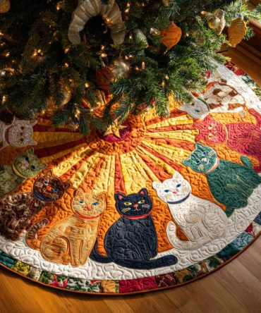 Celestial Quilted Cat Christmas Tree Skirt — Starry Cat Patchwork Tree Base Cover, Ethereal Holiday Decor, Perfect Gift For Cat Lovers