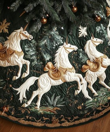 Celestial Sleigh Quilted Tree Skirt — Sleigh & Star Embroidery, Festive Luxury Base Cover To Complete Elegant Holiday Displays