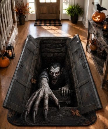 Cellar Dweller Halloween Rug — Custom Shaped Spooky Floor Mat For Basement, Porch & Party, Non-Slip Backing