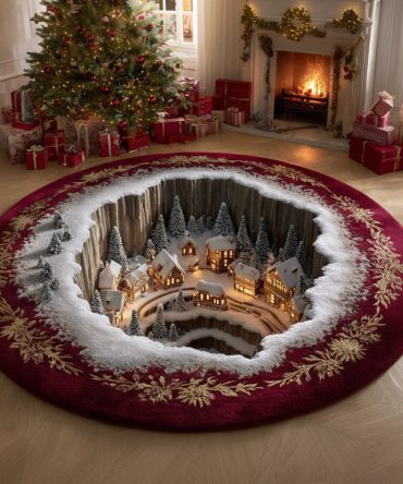 Charming Christmas Village Round Rug — Whimsical Holiday Area Rug With Cottage Scene , Soft Plush, Non-Slip, Fade-Resistant & Gift-Ready
