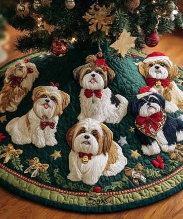 Charming Shih Tzu Quilted Christmas Tree Skirt: Whimsical Shih Tzu Portrait, Soft Quilting & Pom Border, Perfect For Gift Displays