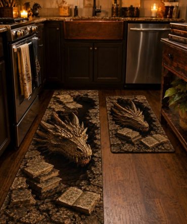 Book Dungeon Dragon Kitchen Rug — Fantasy Dragon & Library Motif Non-Slip Area Mat, Durable Decorative Rug For Home & Kitchen