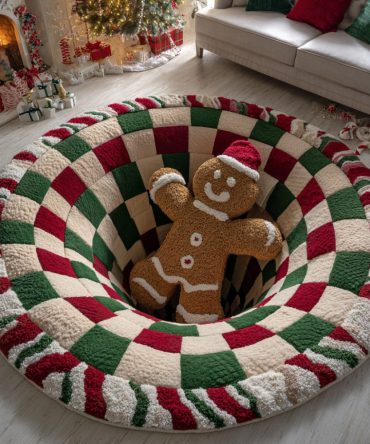 Checker Gingerbread Man Round Area Rug — Festive Checkerboard Holiday Accent, Playful Gingerbread Design, Plush Pile, Slip-Resistant Backing