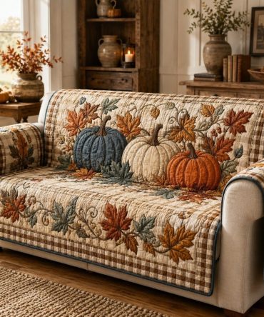 Checkered Pumpkins Quilted Sofa Slipcover — Reversible Fall Couch Protector, Pumpkin Patch Pattern, Easy-Style Seasonal Furniture Cover