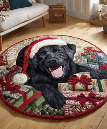Cheerful Black Labrador Round Accent Rug — Holiday Cheer Dog Area Mat, Cozy Low-Pile Indoor Rug With Non-Skid Backing, Easy-Clean