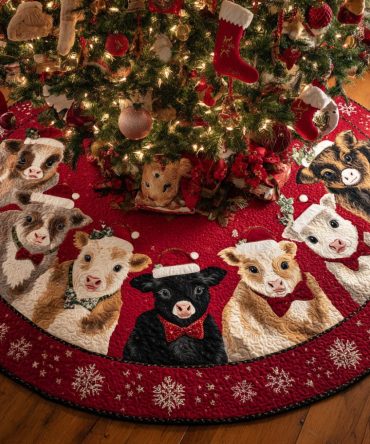 Cheer Highland Cow Quilted Christmas Tree Skirt — Heartwarming Farmhouse Accent, Soft Quilting For Holiday Comfort & Style