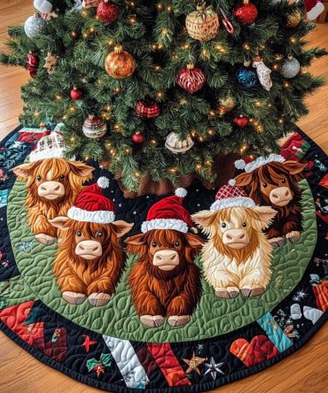 Cheerful Calf Holiday Quilted Tree Skirt — Cute Farm Animal Christmas Skirt With Hand-Stitched Look, Cozy Country Holiday Accent, Easy Care