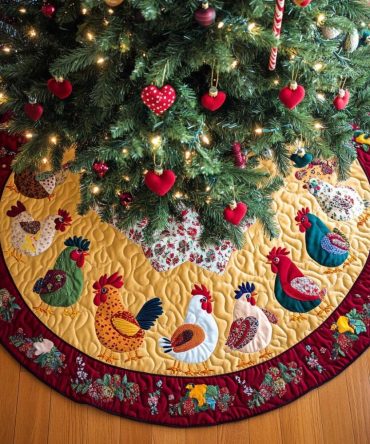 Cheerful Cluckers Quilted Christmas Tree Skirt, Bright Folk Chicken Motif, Machine Washable Cotton Blend, Durable Holiday Home Accent, Fits Most Trees, Perfect For Living Room Or Cottage