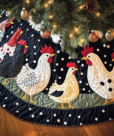 Cheerful Hens Quilted Tree Skirt — Bright Quilted Holiday Tree Skirt With Happy Hen Appliqués, Farmhouse Christmas Accent