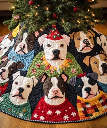 Cheerful Pitbull Pups Quilted Tree Skirt - Playful Puppy Designs For Christmas, Soft Layered Fabric, Great Holiday Gift For Dog Owners