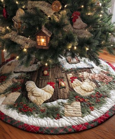 Chicken Choir Night Quilted Christmas Tree Skirt — Whimsical Farmyard Holiday Skirt With Singing Chickens Appliqué, Warm Batting & Easy Tie