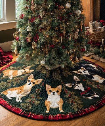 Chihuahua Delight Quilted Christmas Tree Skirt — Adorable Small Dog Holiday Skirt, Plush Quilting, Machine Washable