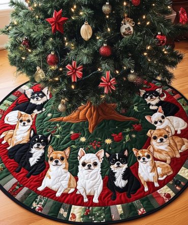 Chihuahua Holiday Spirit Quilted Tree Skirt — Joyful Small-Dog Design, Plush Quilted Christmas Base For Pet Lovers