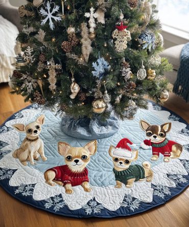 Chihuahua Joy Quilted Christmas Tree Skirt — Cute Small Dog Holiday Skirt, Soft Quilting, Machine Washable & Gift-Ready