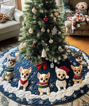 Chihuahua Spirit Quilted Holiday Tree Skirt — Playful Small Dog Christmas Skirt, Soft Quilted Holiday Accent, Easy Care