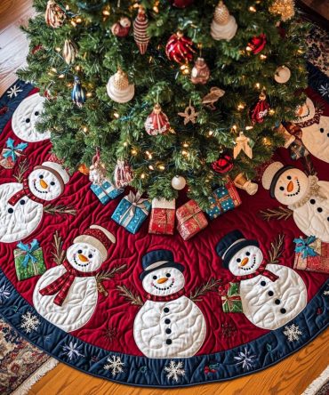 Chilly Charm Quilted Christmas Tree Skirt - Frosty Snowman Design With Cozy Quilting, Bright Holiday Colors, 48" Diameter, Machine Washable