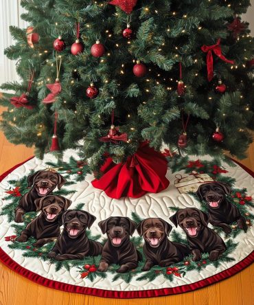 Chocolate Labrador Quilted Christmas Tree Skirt — Elegant Chocolate Lab Illustration, Generously Sized, Durable Quilting For Holiday Decor