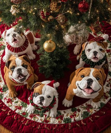 Bulldog Joy Quilted Christmas Tree Skirt — Jolly Holiday Bulldog Décor, Soft Quilting, Machine Washable & Ready For Gift Giving