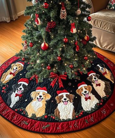 Christmas Canine Celebration Quilted Tree Skirt — Joyful Dog Holiday Tree Skirt, Plush Quilting, Machine-Washable Home Accent