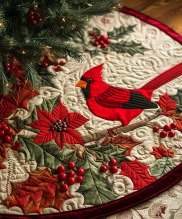 Cardinal Elegance Quilted Tree Skirt — Red Cardinal Design For Classic Holiday Style, Luxuriously Quilted To Hide Stand