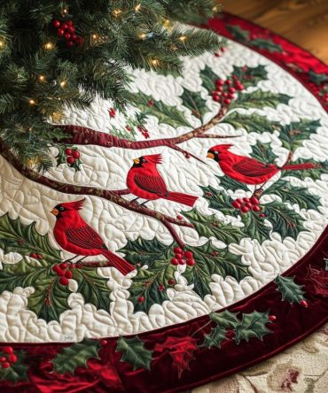Cardinal & Pine Quilted Tree Skirt — Festive Red Bird Embroidery On Premium Quilted Cotton, 48-Inch Diameter Classic Christmas Accent