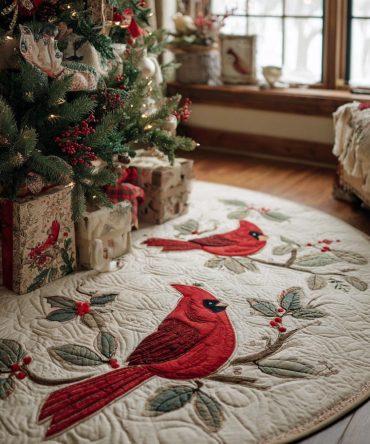 Bright Cardinal Quilted Christmas Tree Skirt — Premium 48-Inch Holiday Decor, Red & Green Patchwork, Reversible & Machine Washable
