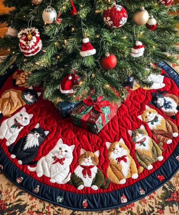 Christmas Cat-Titude Quilted Holiday Tree Skirt - Bold Kitty Design Quilted Tree Skirt, Durable & Stylish Christmas Décor