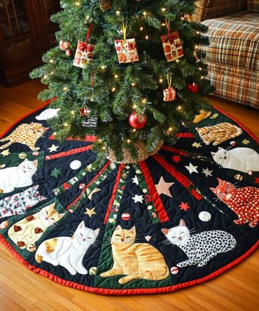 Christmas Catnip Cheer Quilted Tree Skirt — Charming Cat-Themed Quilted Christmas Tree Skirt For Cat Lovers & Holiday Decor