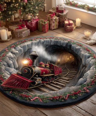 Plush Christmas Cave Round Area Rug — Festive Holiday Train Motif Round Rug For Living Room, Kids’ Playroom & Entry