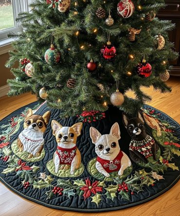 Christmas Chihuahua Magic Quilted Tree Skirt — Enchanting Small Dog Holiday Skirt, Festive Quilting, Ideal Pet Gift