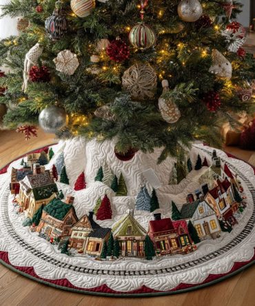 Christmas Eve Village Quilted Tree Skirt — Charming Holiday Tree Base Cover With Village Motif, Soft Quilting, Easy-Maintenance