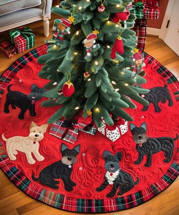 Christmas Eve Scottie Quilted Tree Skirt – Cozy Holiday Scene With Scottie Dog, Classic Red & Green Holiday Decor Gift