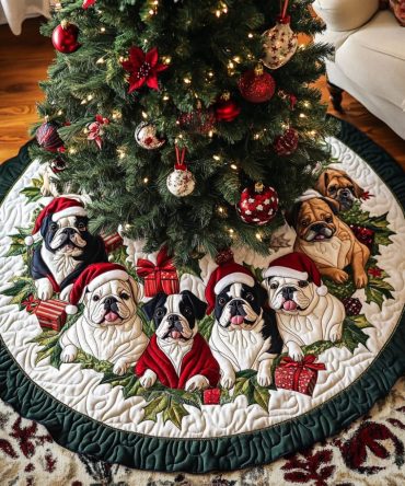 Christmas French Bulldog Quilted Tree Skirt — Adorable Frenchie Holiday Décor, 48 Inch Reversible, Plush Cotton-Blend, Durable & Machine Washable
