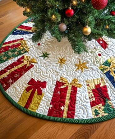 Christmas Gift Quilted Tree Skirt — Wrapped Present Motif, Quilted Holiday Accent To Hide Tree Base & Add Cheer To Any Room