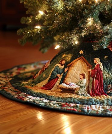 Christmas Glory Quilted Tree Skirt — Radiant Holiday Nativity Design, Plush Quilting, Decorative Base Cover For Traditional Celebrations