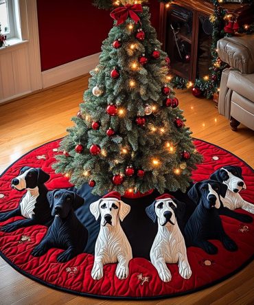 Classic Christmas Quilted Tree Skirt — Great Dane Holiday Illustration, Traditional Quilting, Elegant Foundation For Festive Trees