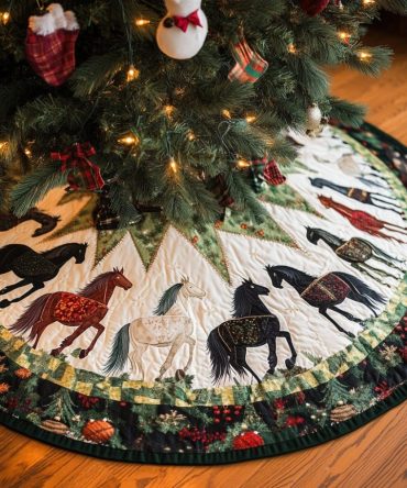 Gathering Horses Quilted Christmas Tree Skirt - Rustic Holiday Tree Base Cover With Stitched Equestrian Scene, Soft Lined, Durable