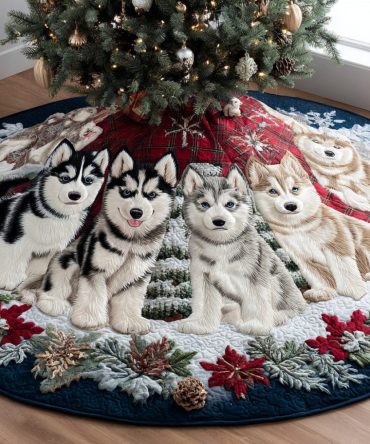 Festive Husky Night Quilted Christmas Tree Skirt — Premium Holiday Decor, Soft Quilted Fabric & Pet-Lover Gift