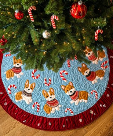 Christmas Joy Corgis Quilted Tree Skirt — Joyful Corgi Holiday Base, Plush Quilting, Reversible Design, Ideal Gift For Dog Lovers