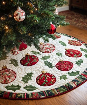 Classic Ornament Quilted Tree Skirt - 48-Inch Patterned Holiday Base Featuring Vintage Ornaments Print And Soft Fill