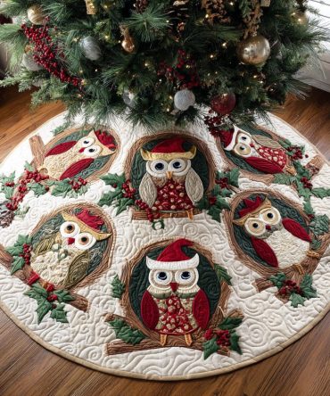 Christmas Owl Magic Quilted Tree Skirt — Enchanting Owl Holiday Tree Skirt, Plush Quilting & Easy-Maintenance Design