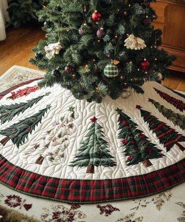 Christmas Pines Quilted Tree Skirt — Classic Pine Pattern Holiday Base Cover, Cozy Quilted Texture For Festive Rooms