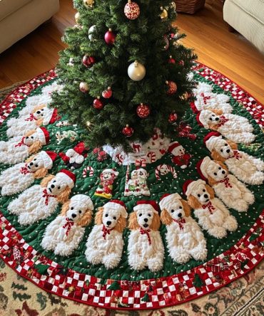 Festive Quilted Poodle Christmas Tree Skirt — Luxury Holiday Tree Base Cover, Soft Durable Fabric, Pet Lover Gift