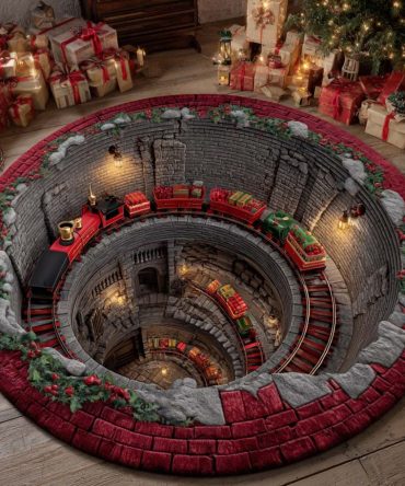 Christmas Rail Spiral Round Rug - Festive Train Rail Spiral Rug For Holiday Entryways, Tree Skirts & Seasonal Displays
