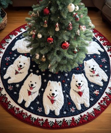 Quilted Samoyed Christmas Tree Skirt – Festive Dog-Themed Holiday Decor, Soft Padded Cotton-Blend, Easy Installation & Machine Washable For Seasonal Use