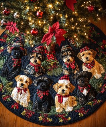 Scottie Cheer Quilted Holiday Tree Skirt – Joyful Dog Design, Red & Green Festive Tree Accent, Ideal Gift For Dog Lovers