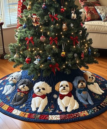Christmas Shih Tzu Cheer Quilted Tree Skirt — Bright Festive Dog Décor, 48 Inch Reversible, Soft Padded Design, Perfect Holiday Present