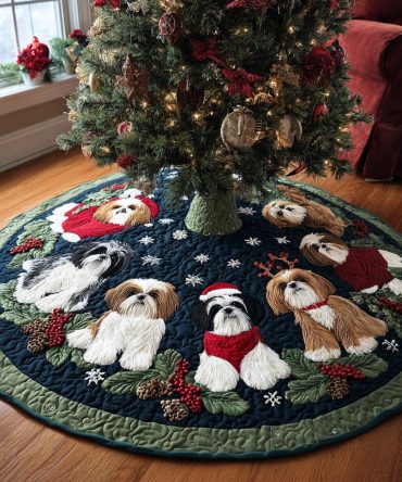 Christmas Shih Tzu Quilted Tree Skirt — Whimsical Shih Tzu Holiday Design, Plush Quilting, Perfect For Seasonal Decorating