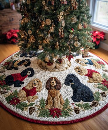 Christmas Spaniel Charm Quilted Tree Skirt — Festive Spaniel Pattern, Decorative Quilted Christmas Skirt For Dog Lovers