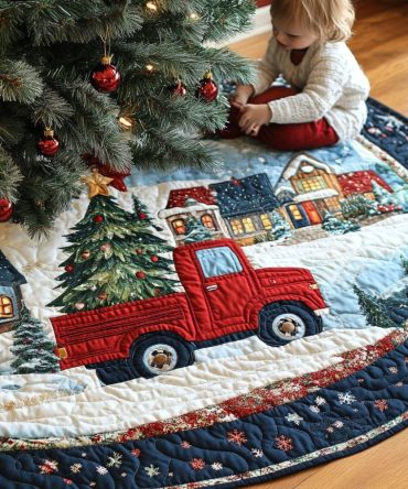 Vintage Christmas Truck Quilted Tree Skirt - Retro Red Truck Motif, Durable Cotton Blend, 48-Inch Festive Mat For Gifts, Machine Washable, Rustic Holiday Home Accent